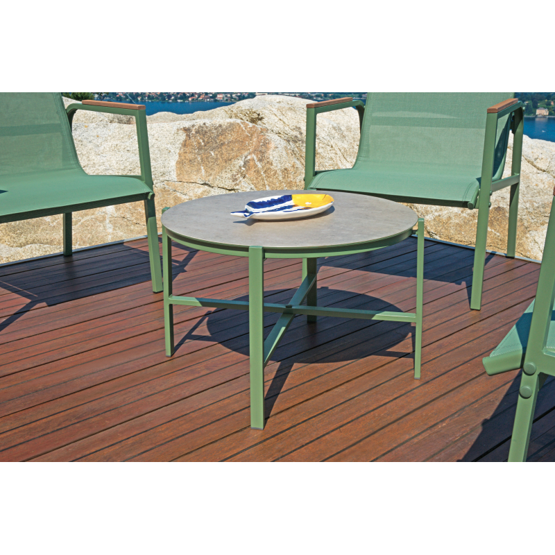 Salotto In Ferro Tarquinia Verde E Textilene Verde + Bracciolo In Resin Wood Moia