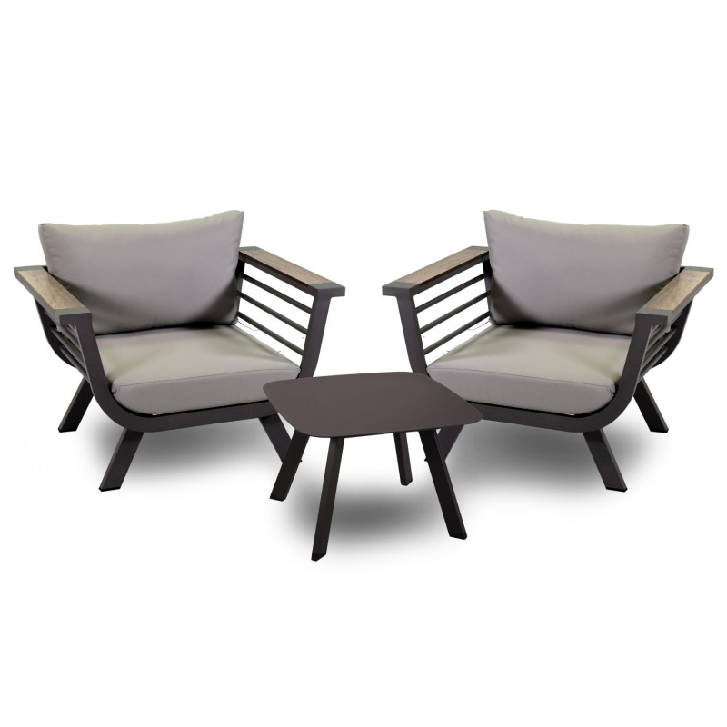 Salotto alluminio riverside tortora con cuscini crema (bracciolo in hpl) 3 pezzi