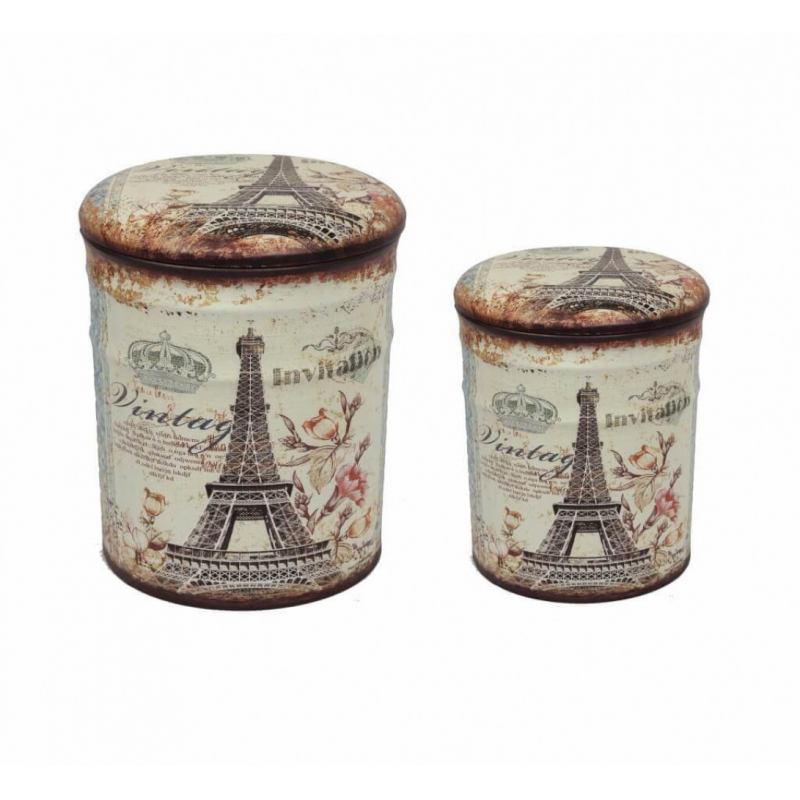 Set 2 Pouf Contenitore Tondo Torre Eiffel per Casa