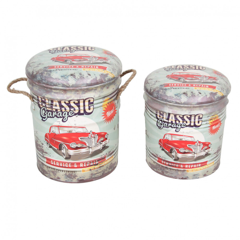 Set 2 Pouf Contenitore Tondo Verde Chiaro e Bianco Casa