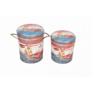 Set 2 Pouf Contenitore Tondo Azzurro e Bianco Casa