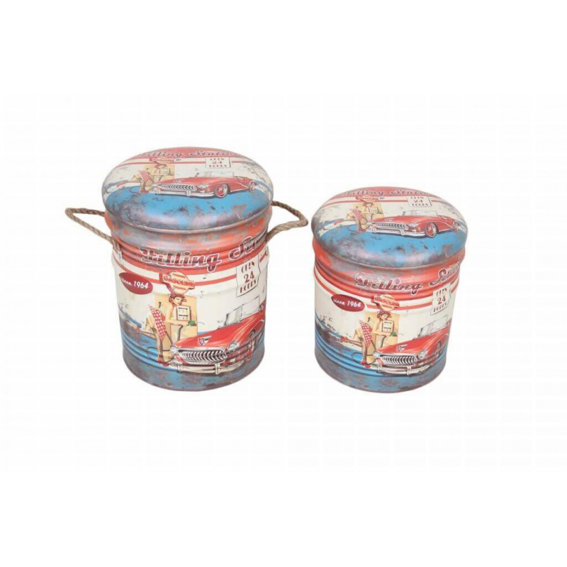 Set 2 Pouf Contenitore Tondo Azzurro e Bianco Casa