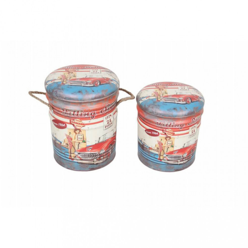 Set 2 Pouf Contenitore Tondo Azzurro e Bianco Casa