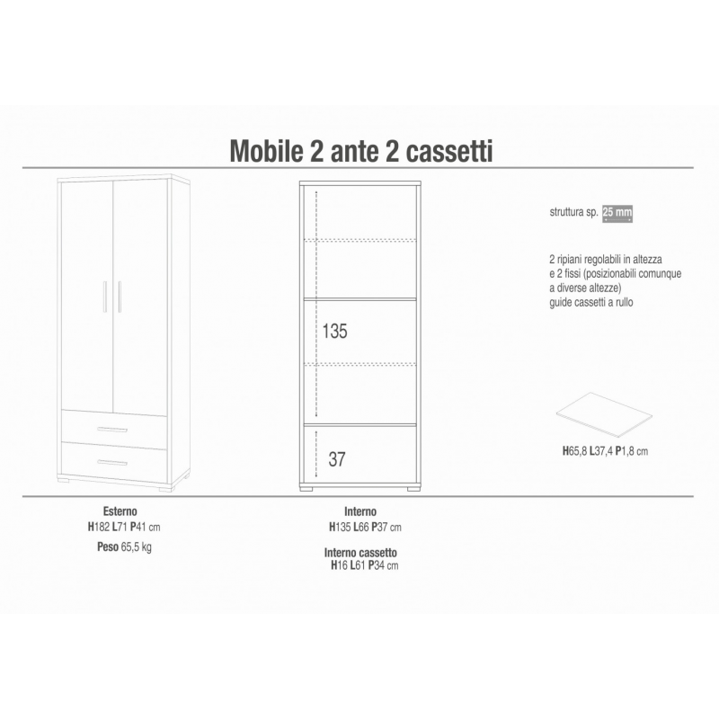 MOBILE A 2 ANTE con 2 cassetti H182 cm in bianco e noce stelvio