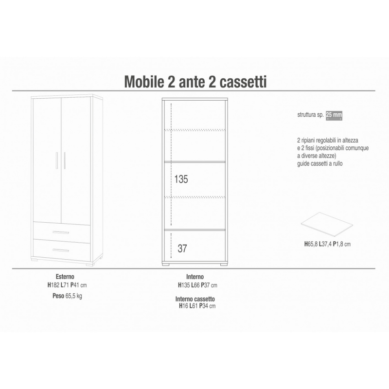 MOBILE a 2 ANTE con 2 cassetti 182 cm bianco e noce