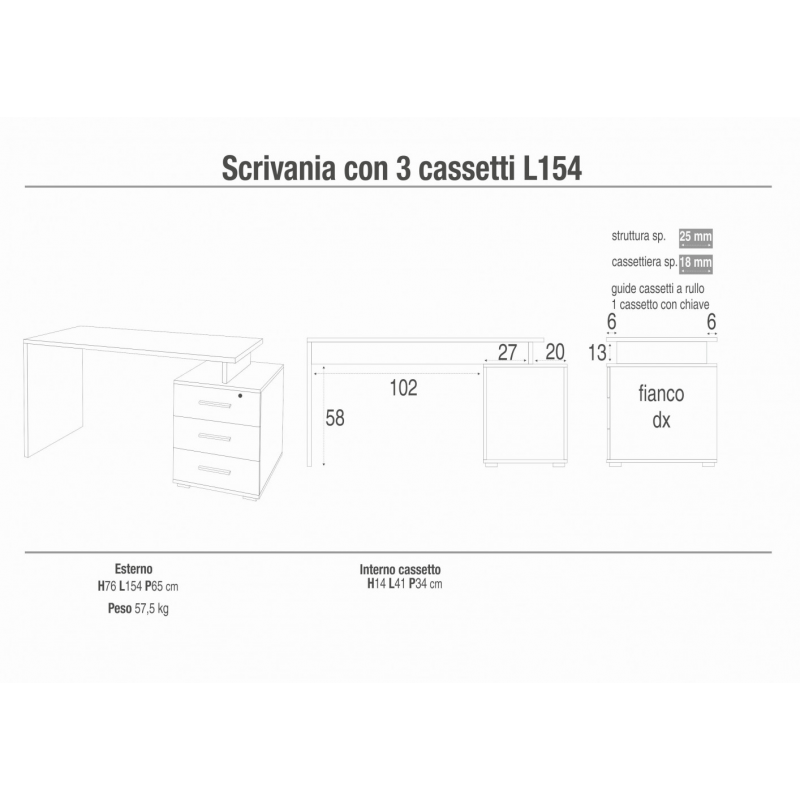 SCRIVANIA con 3 cassetti in NOCE STELVIO e cassetti neri