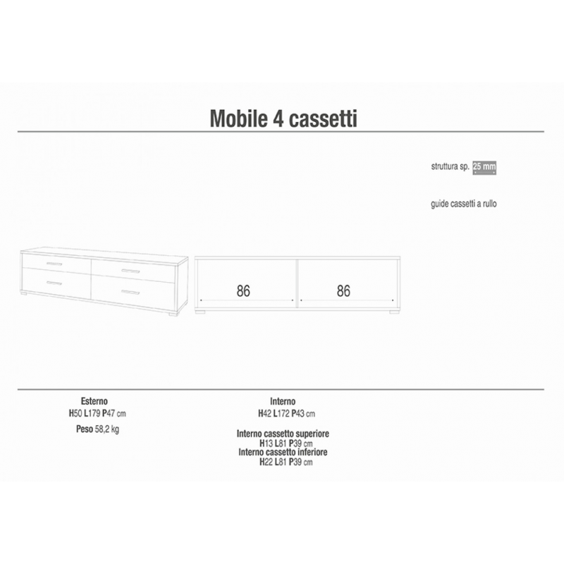 MOBILE con 4 CASSETTI in NOCE STELVIO E OSSIDO BIANCO