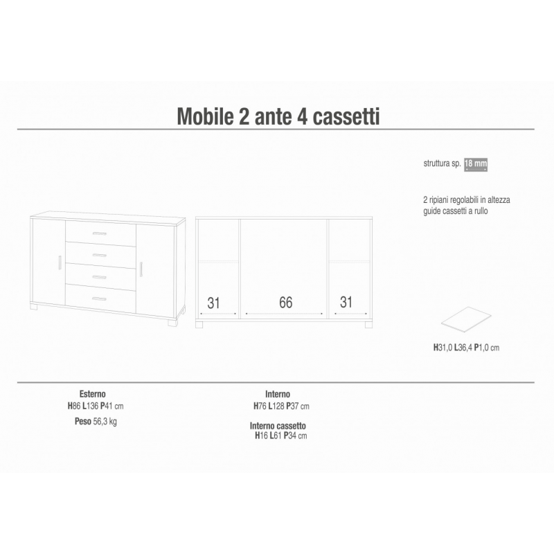 MOBILE a 2 ANTE con 4 CASSETTI in NOCE STELVIO E OSSIDO BIANCO