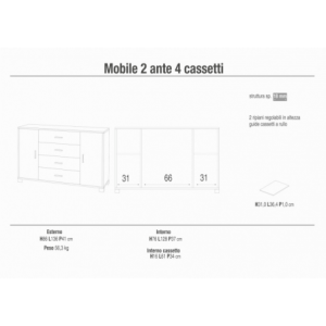 Zoom MOBILE a 2 ANTE con 4 CASSETTI in TITANIO E QUERCIA BIANCO