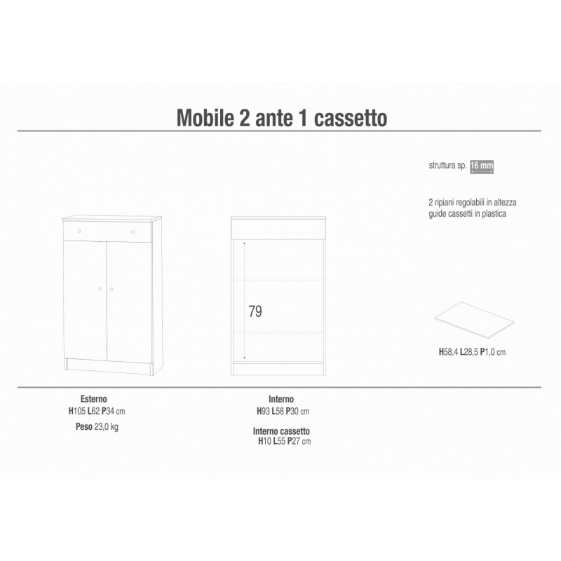 MOBILE a 2 ANTE con 1 CASSETTO BIANCO LISCIO E BIANCO LISCIO