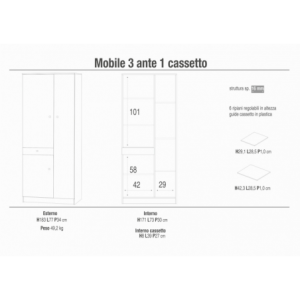 Zoom MOBILE a 3 ANTE con 1 CASSETTO BIANCO LISCIO