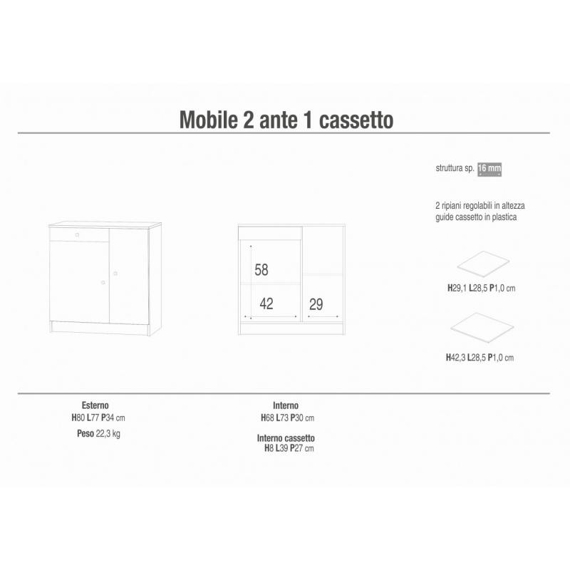 MOBILE a 2 ANTE con 1 CASSETTO EUCALIPTO