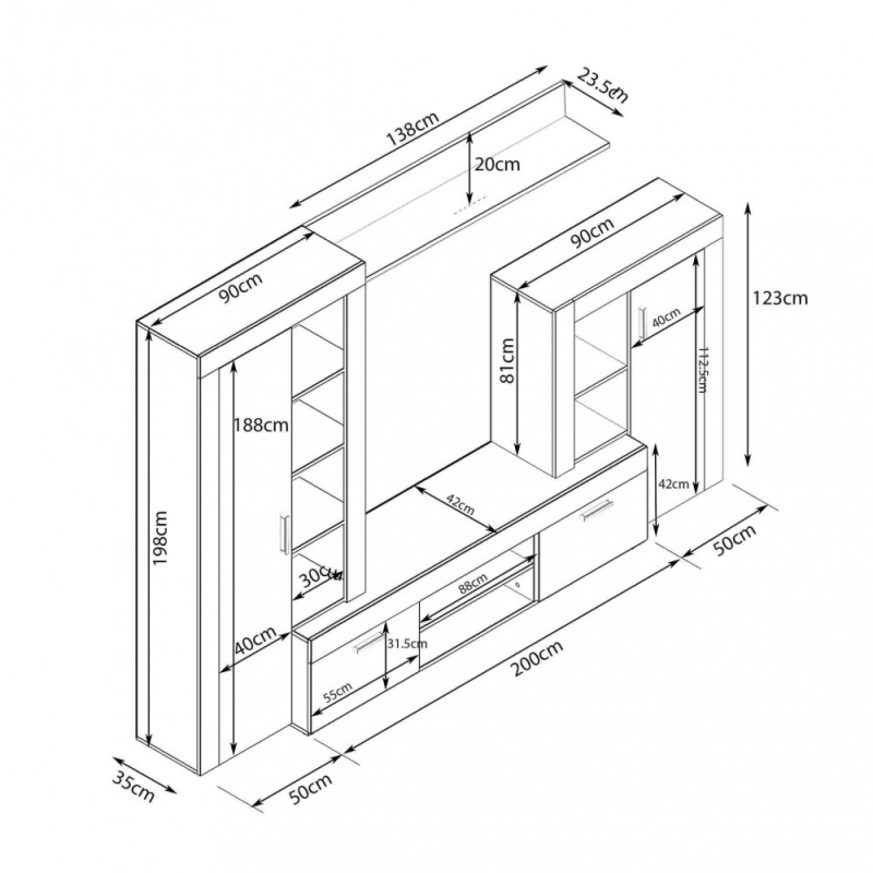 Parete soggiorno Nobel bianco e grigio cemento - Living moderno