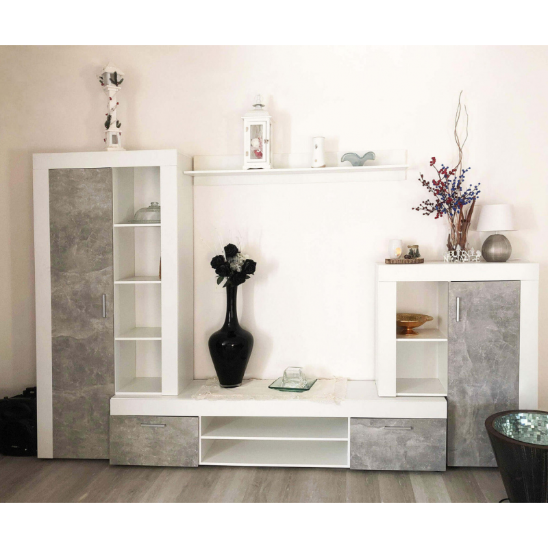 Parete soggiorno Nobel bianco e grigio cemento - Living moderno