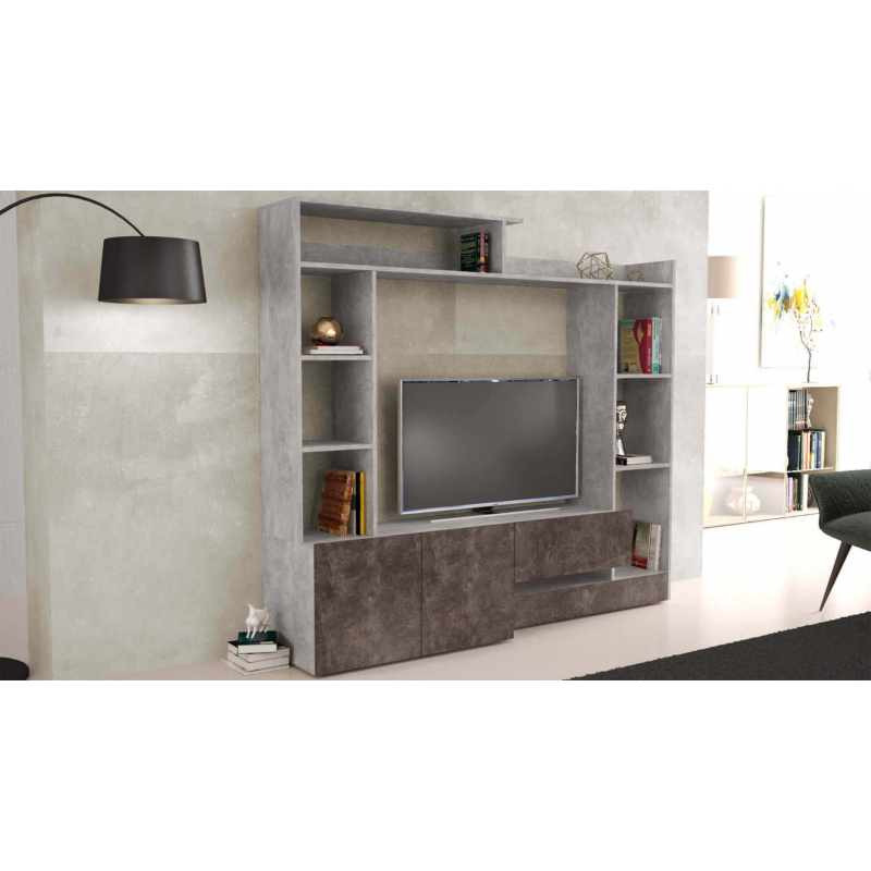 Parete soggiorno Entry grigio cemento e grigio scuro moderna