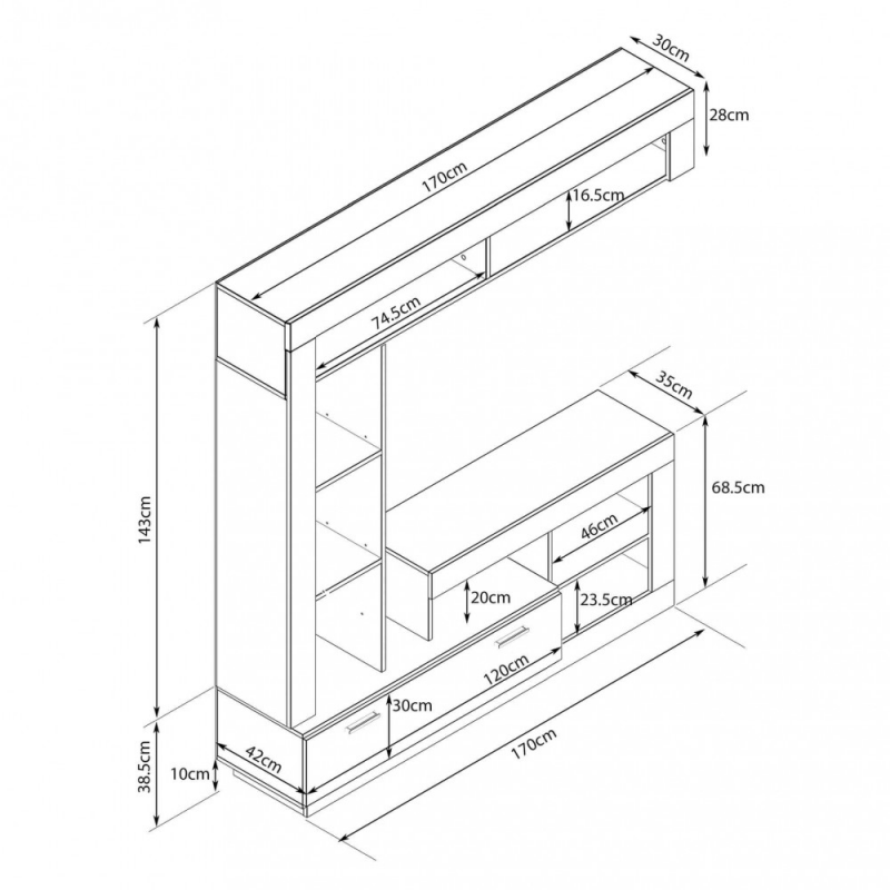 Parete soggiorno Leonard pino chiaro e grigio moderna e capiente