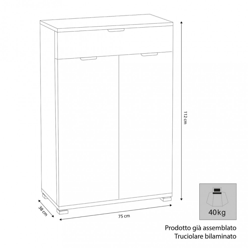 Mobiletto con 2 ante e 1 cassetto bianco compatto moderno casa