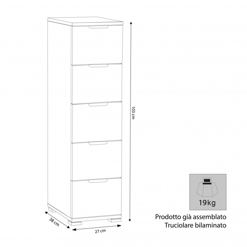 Cassettiera 5 cassetti naturale compatta e versatile