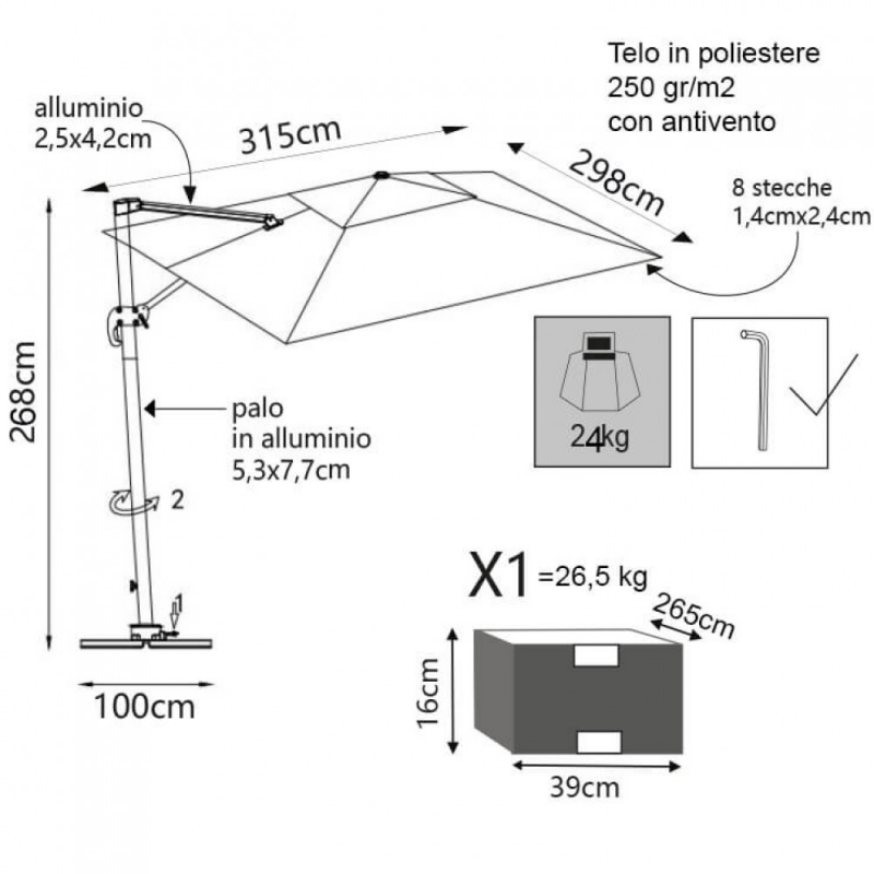 Ombrellone con LED Pitagora 3x4m antracite telo grigio giardino