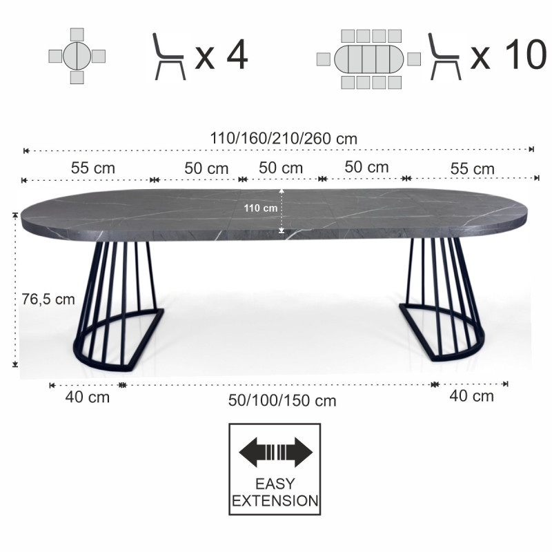 Tavolo Rotondo Allungabile Fear Grey Marble 120 X 62 X 28 Cm