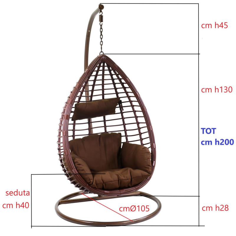 Dondolo pensile polyrattan Denton marrone con supporto e cuscino cm90x70h200