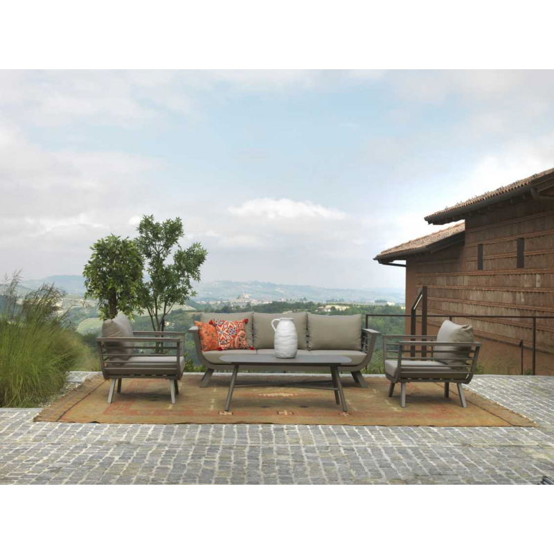 Salotto alluminio Riverside tortora 3 posti con cuscini crema (bracciolo in hpl)