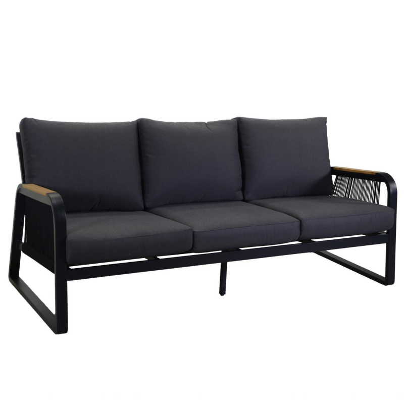 Salotto alluminio Idaho corda 2p antracite con cuscini grigio + top legno