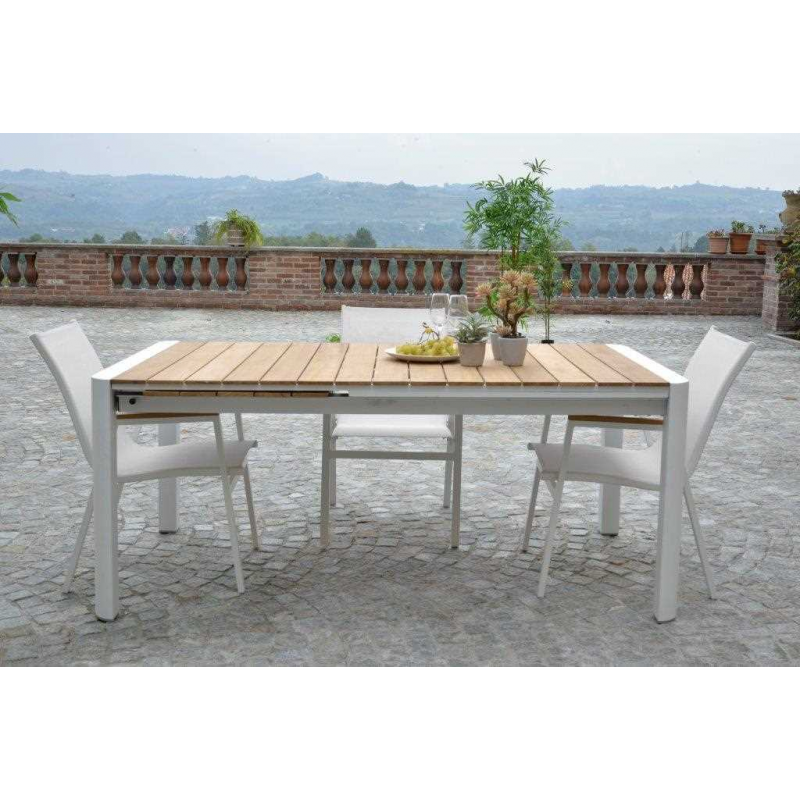 Tavolo alluminio Idaho Plus allungabilebianco top teak cm180/240x100h76
