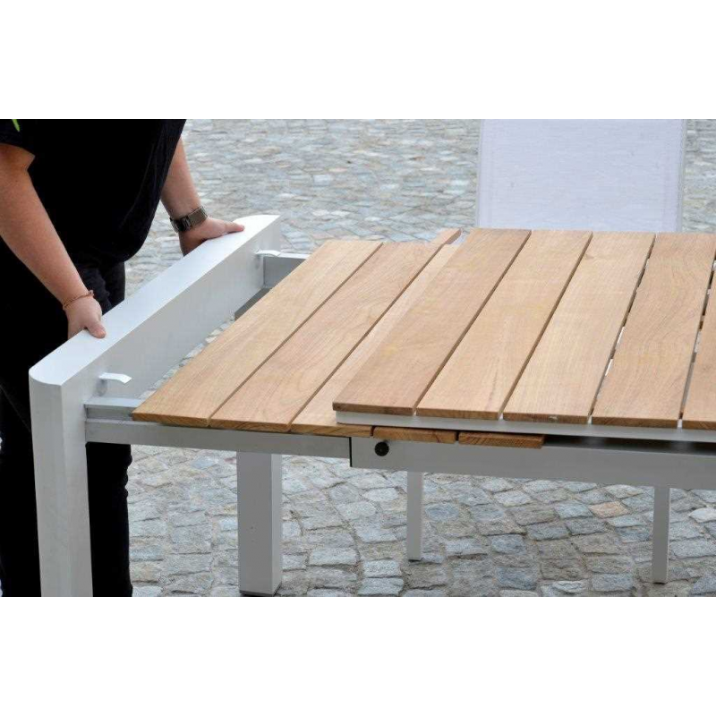 Tavolo alluminio Idaho Plus allungabilebianco top teak cm180/240x100h76