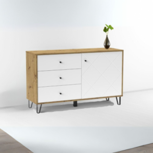 Credenza Bollo 5 rovere e bianco con anta e 3 cassetti moderna