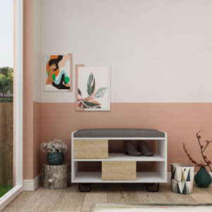 Panca scarpiera Troy bianca e rovere con cuscino moderna