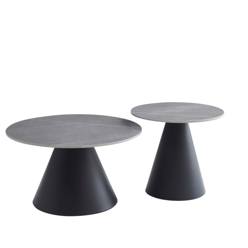 Tavoli da salotto Mush con piano in ceramica effetto marmo grigio opaco con gamba nera