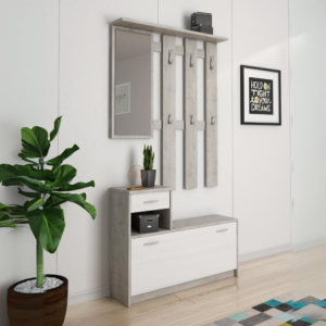 Mobile ingresso Rudolf con scarpiera beton e bianco salvaspazio