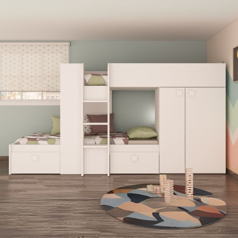 Letto a castello 1277 reversibile bianco con armadio e cassetti