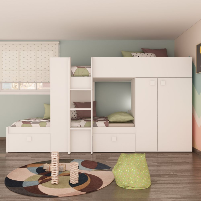 Letto a castello 1277 reversibile bianco con armadio e cassetti