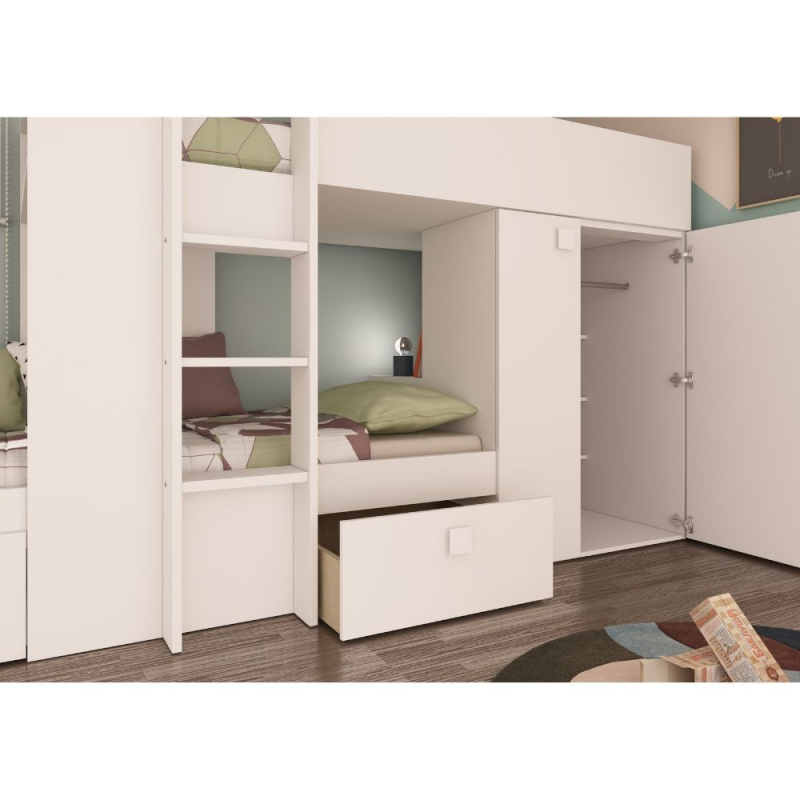 Letto a castello 1277 reversibile bianco con armadio e cassetti