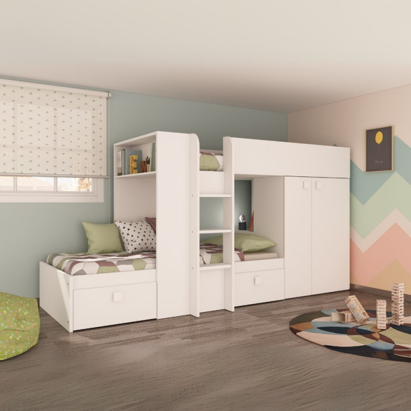 Letto a castello 1277 reversibile bianco con armadio e cassetti