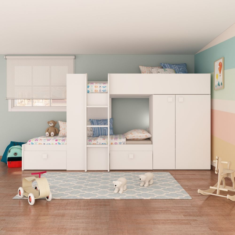 Letto a castello 1277 reversibile bianco con armadio e cassetti
