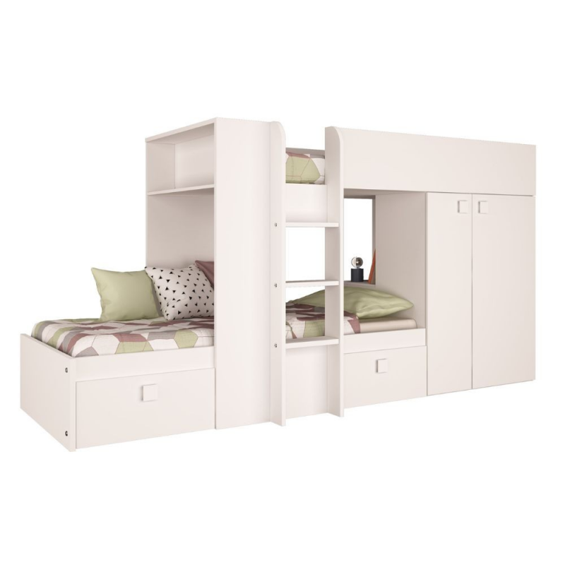 Letto a castello 1277 reversibile bianco con armadio e cassetti