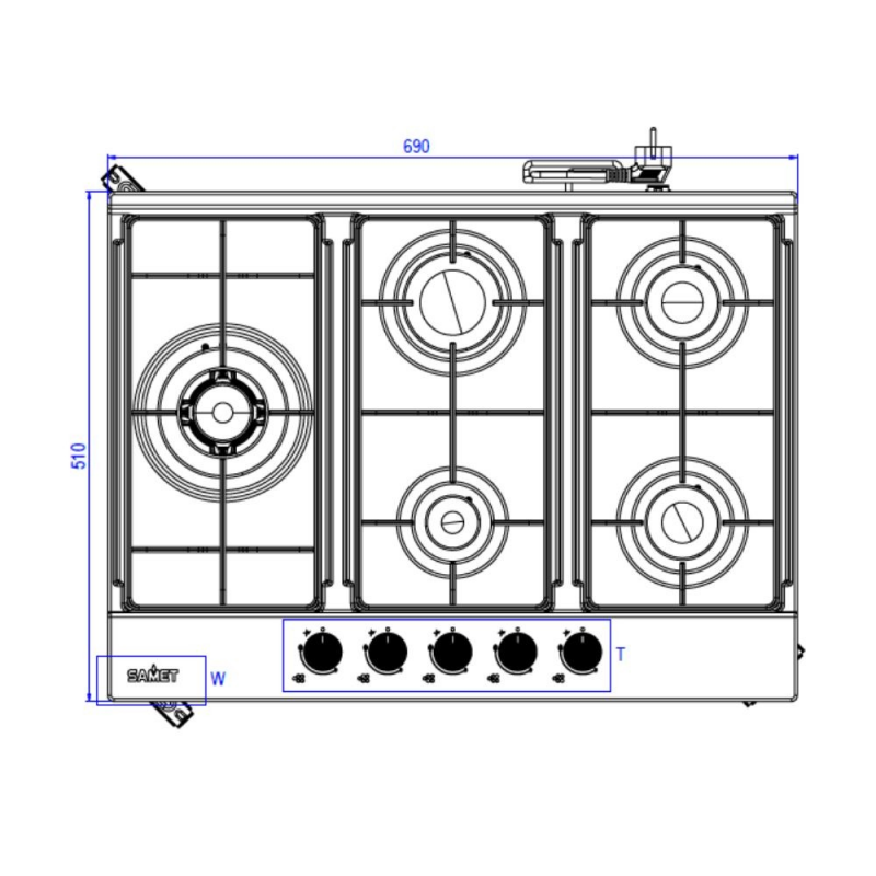 Piano cottura Ercole 2 a gas 5 fuochi 70 cm acciaio inox