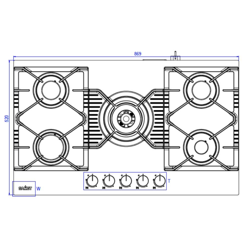 Piano cottura Samet Zacinto 90 a gas 5 fuochi vetro nero opaco