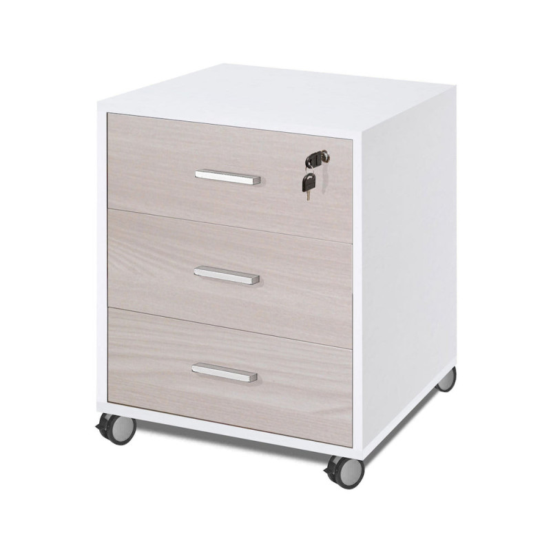 Cassettiera 3 cassetti bianco fiammato e olmo chiaro Sarmog