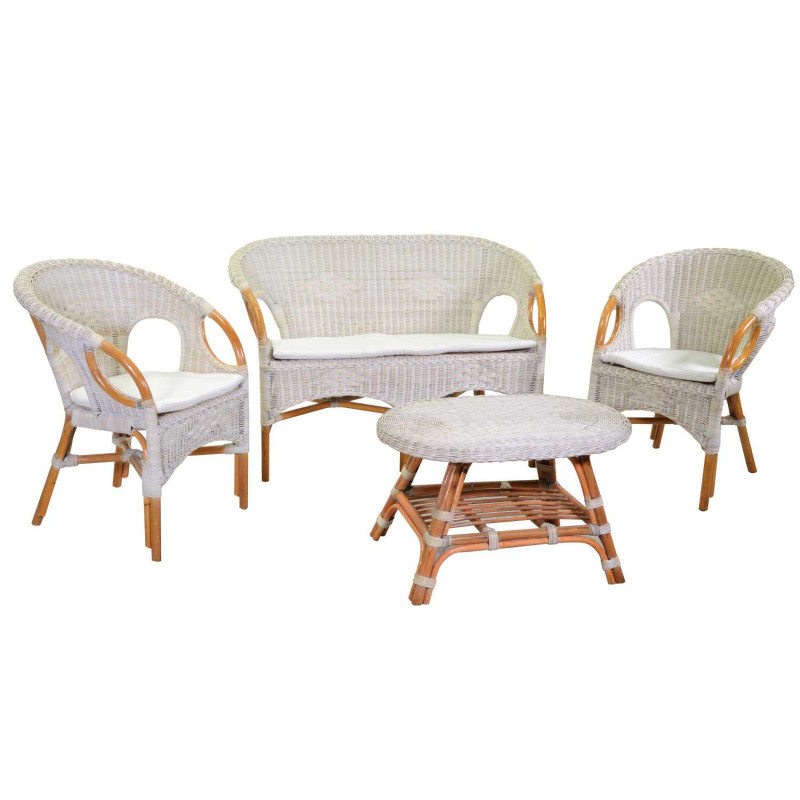 Salotto Lucrezia 4 pezzi rattan sbiancato con cuscini giardino