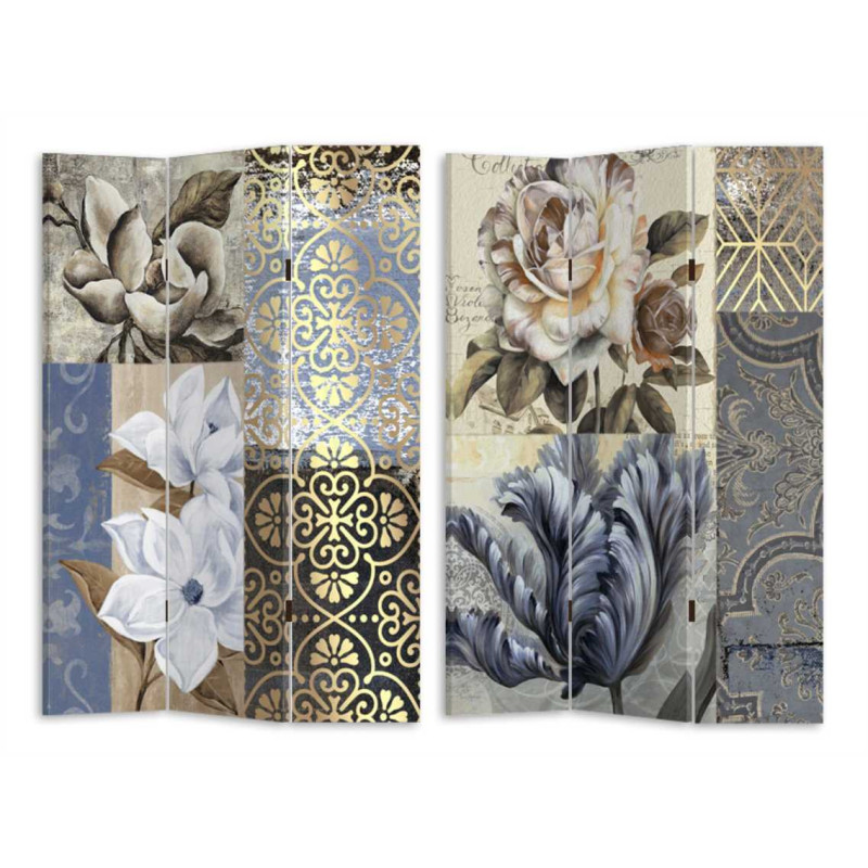 Paravento stampa fiori blu tre ante 120,6x2,5xH180 cm elegante