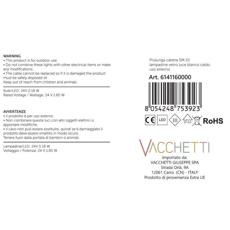 Prolunga catena 5m 10 lampadine vetro luce bianco caldo esterno