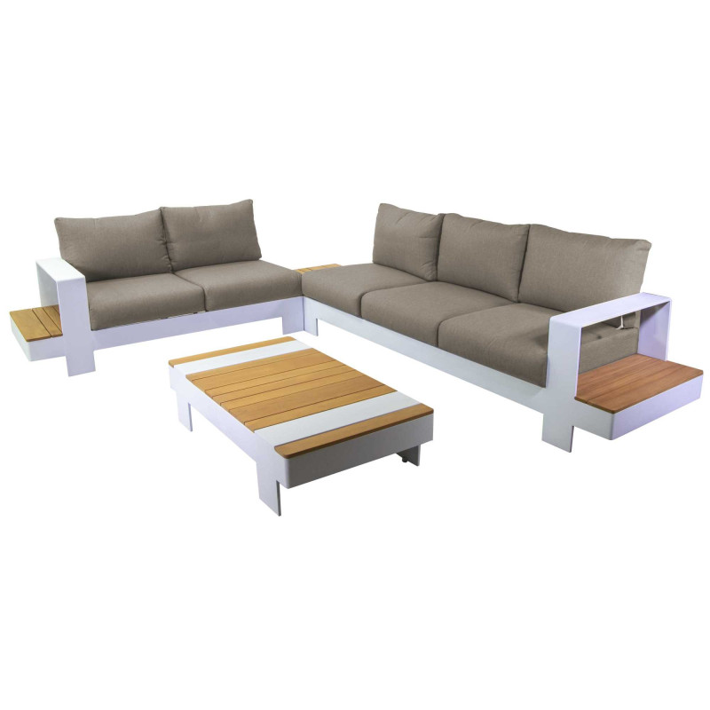 Salotto alluminio Idaho angolare bianco crema tavolo legno elegante