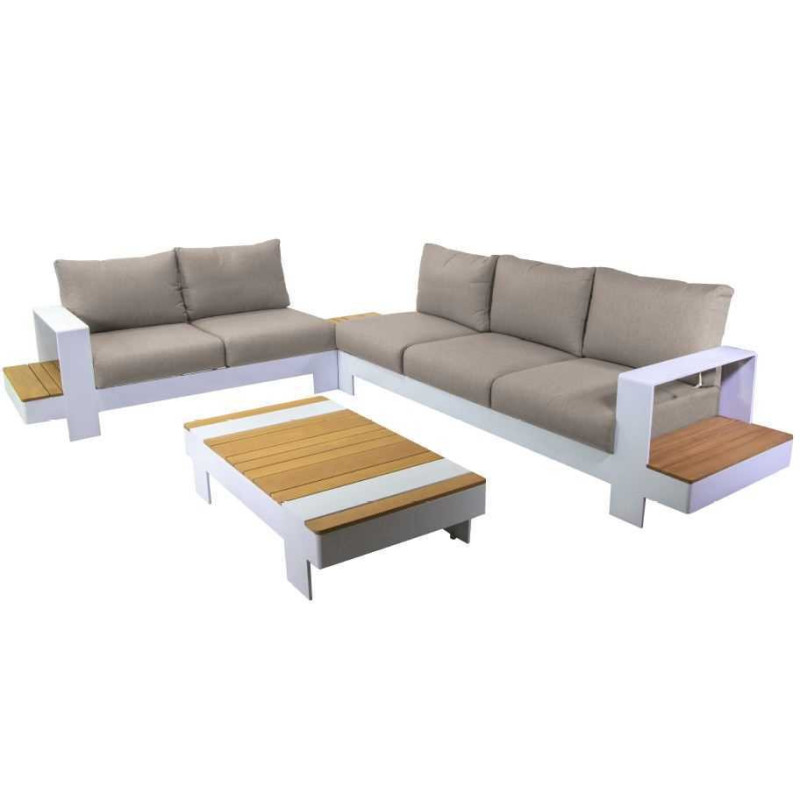 Salotto alluminio Idaho angolare bianco crema tavolo legno elegante