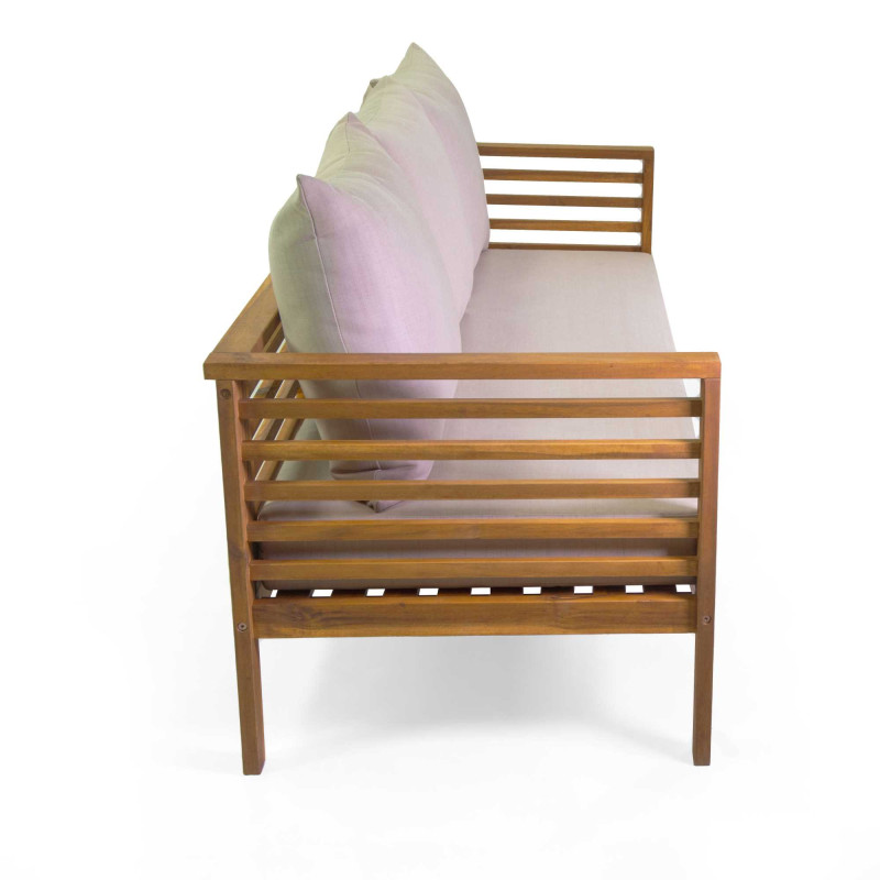 Salotto legno Miramar naturale 3 posti con cuscini sabbia