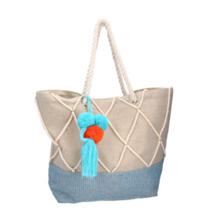 Borsa tessuto con pompon blu 52x13x38 cm capiente e trendy