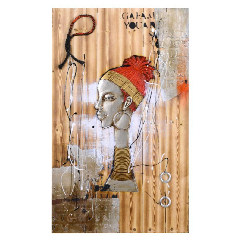 Quadro legno donna africana con corda 60x90x0,5 cm etnico